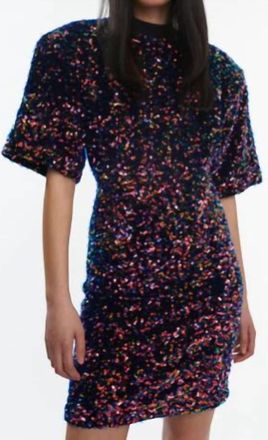 Oval Square Short-Sleeved Sequin Dress In Multi