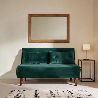 Home Source Industries Double Sofa Bed Folding Chair Velvet Wooden Legs Two Pillow Home in Bottle Green