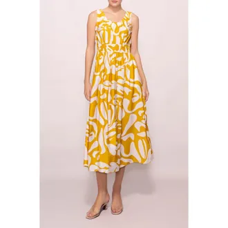 Melloday Abstract Print Midi Dress in Ivory/Yellow at Nordstrom, Size X-Large