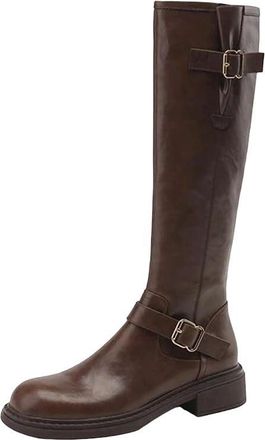 Generic Womens Winter Belt Buckle High Boots Street Style Slim Long Booties Warm Footwear For Winter