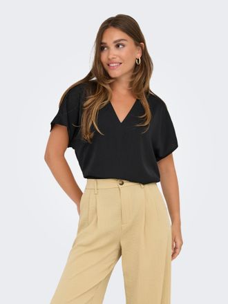 Only V-Shirt ONLY ONLLUCY LIFE SS V-NECK TOP WVN, Damen, Gr. XS, schwarz, Web, Obermaterial: 100% Polyester, unifarben, regular fit, V-Ausschnitt, Shirts V