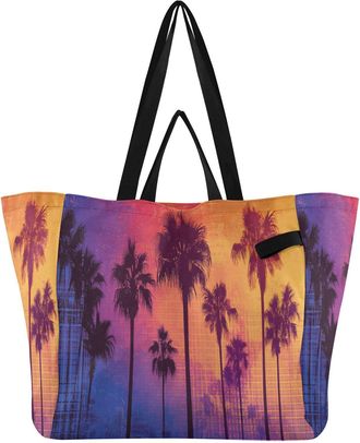 Generic Sunset Trees Orange print Reusable Canvas Tote Bag, Heavy Duty Grocery Shopping Bag with Large Capacity Double Handles Hard Bottom Work Groceries Trav
