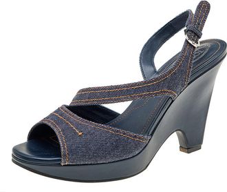 Tod's Tods Blue Denim Slingback Platform Wedge Sandals
