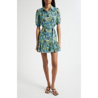 Cinq &agrave; Sept Halbini Dahlia Print Puff Sleeve Belted Shirtdress in Tropical Sky Multi at Nordstrom, Size 14