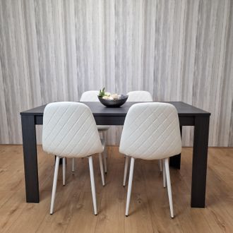 Kosy Koala Grey Dining Table with 4 White Stitched Chairs, Stylish Dining Set in Dark Green
