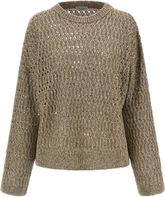 Brunello Cucinelli Open-gebreide Trui - Dames - Ronde hals truien - Bruin - L - Nylon - Truien & Vesten