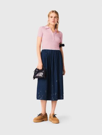 Maje Embroidered Denim Midi Skirt - Navy - Maje