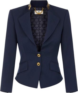Elisabetta Franchi Gabardine Blazer met Goudkleurige Logo Plaquette - Dames - Blazers - Blauw - L - Wol - Jassen