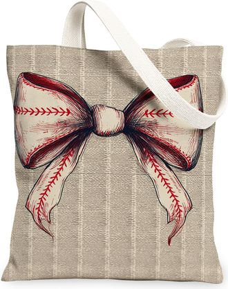 Generic Vintage Bow Canvas Tote Bags, Artistic Ribbon Design Reusable Grocery Bags, Holiday Gift Lightweight Washable Shoulder Stra, Beige, 13x15 Inch