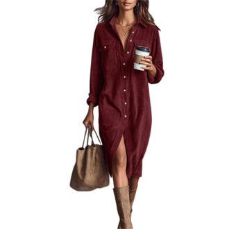 Generic Womens Corduroy Button Down Midi Shirt Dress, Casual Lapel a Line Pleated Tunic Shift Midi Long Dress with Pockets (Dark Red,M)