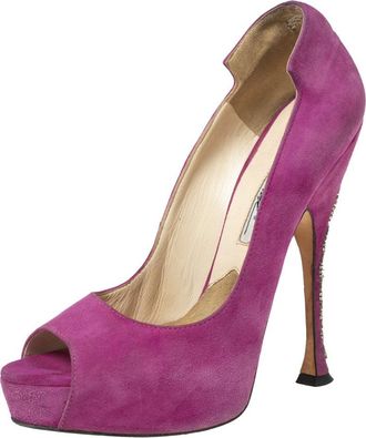 Brian Atwood Magenta Suede Embellished Chain Heel Peep-Toe Pumps