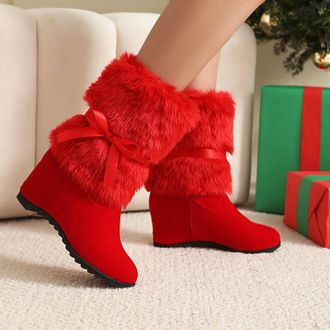 Generic Red Ladies Winter Footwear with Christmas Themed Reindeer Round Head Thick Sole Thick Heel High Heels and Thick Design for Outdoor Activities Comforta