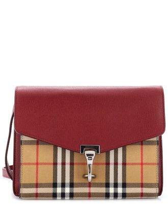 Burberry Burgundy Leather & Vintage Check Canvas Small Macken Crossbody Small (Authentic Pre-Loved)