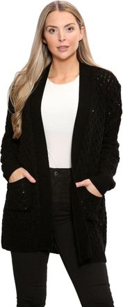 Janisramone Ladies Waffle Knitted Chunky Cardigan, Long Sleeve Women Open Front Cardigan with Pockets, Stylish Warm Long Boyfriend Cardigans for Women UK Black