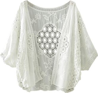 Generic Crochet Shrugs for Women UK Short Sleeve Cropped Cardigan Lace Splicing Hollow Shrugs Shawl Womens Soft Touch Open Front Tops Lightweight Chiffon Card