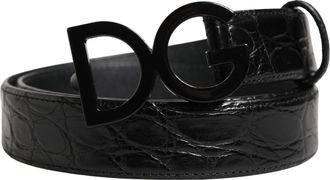 Dolce & Gabbana Men Black Exotic Leather Logo Buckle Belt Caiman