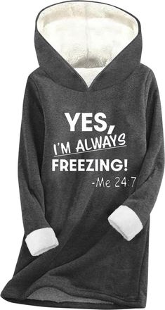 Generic Dark Gray Plush Hoodies for Women UK Yes Im Always Freezing Print - Ladies Fleece Lined Hoodies Velvet Sherpa Sweatshirt Tunic Tops Winter Warm Thicke