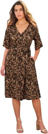 Roaman's Plus Size Short Sleeve Wrap Fit And Flare Dress in Chocolate Tie Dye Floral at Nordstrom, Size 24