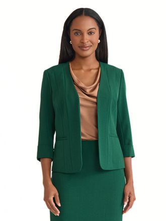 Kasper Womens 3/4 Cuffed Sleeve Stretch Open-Front Blazer, Evergreen, 18