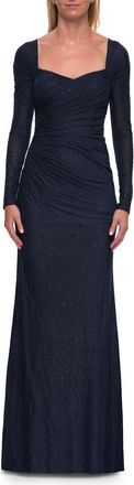 La Femme Long Sleeve Rhinestone Jersey Gown with Sweetheart in Navy at Nordstrom, Size 18