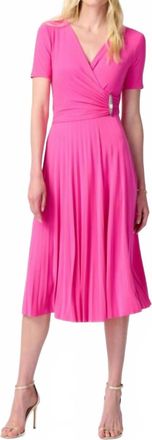 Joseph Ribkoff Pleated Faux Wrap Short Sleeves Fit And Flare Dress In Ultra Pink