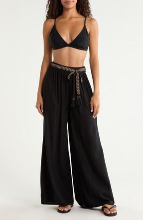 Elan Tie Belt Wide Leg Cover-Up Pants in Black at Nordstrom, Size Medium