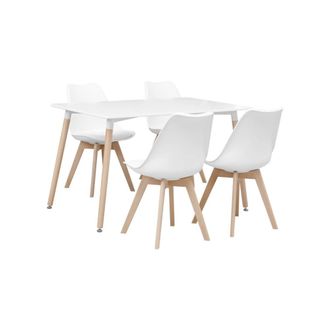 Sweeek Mesa de comedor escandinava con patas de madera y 4 sillas, blanco