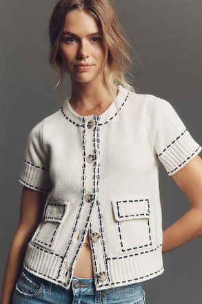 Design History Short-Sleeve Stitched Cardigan Sweater