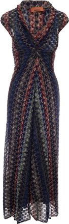 Missoni Fitted Multicolored Zigzag Pattern V-Neck Knit Midi Dress