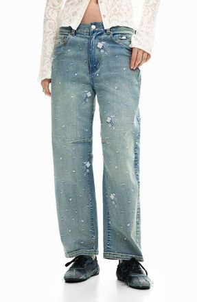 Desigual Floral Embroidery Barrel Leg Jeans in Medium Blue at Nordstrom, Size 38