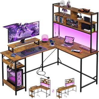 Aosom L Shaped Gaming Desk with LED Light & Hutch, Brown | Size: 1 Pack