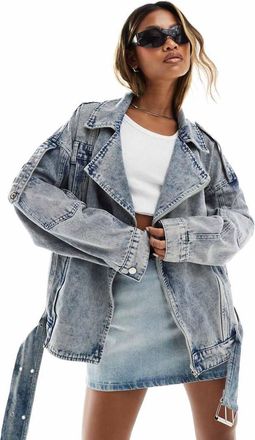 Liquor & Poker oversized denim moto jacket in blue acid wash