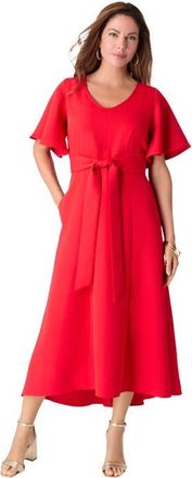 Roaman's Plus Size Flutter Sleeve V Neck Fit And Flare Bi Stretch Maxi Dress in Vivid Red at Nordstrom, Size 22