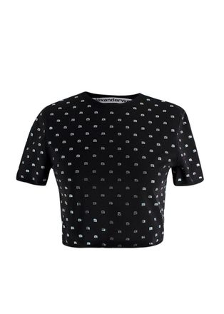 Alexander Wang Black Cropped Crystal T-Shirt Size XS