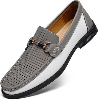 Generic Mens Leather Dress Loafers Classic Slip-on Penny Loafer Moccasins with Metal Buckle Two-Tone Casual Walking Business Driving Shoes (11.5,Grey Hollow)