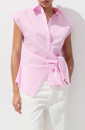 Mango Knotted Stripe Cap Sleeve Button-Up Shirt in Pink at Nordstrom, Size 10