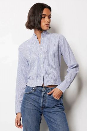 bobi Pintuck Long Sleeve Top With Belt In Blue Stripe