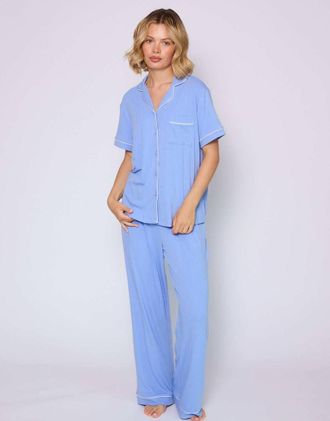 Loungeable Completo tradizionale blu a coste con pantaloni lunghi e camicia a maniche corte