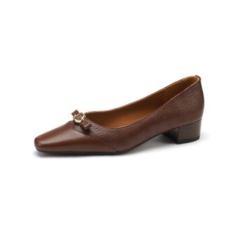 TinaCus Womens Genuine Leather Handmade Embossing Decorated Buckle Slip On Square Toe Office Pumps Shoes, Dark Brown, 4.5 UK