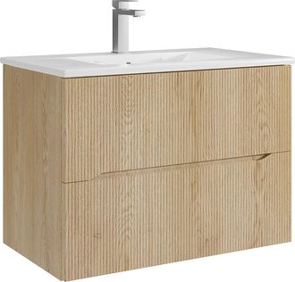 Vente-Unique Mueble de ba&ntilde;o suspendido estriado con lavabo de empotrar y grifo - Natural claro - 80 cm - ORISO