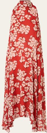 Akris Mock-Neck Papercut Floral Print Viscose Georgette Midi Dress