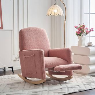 Direct Wicker Teddy Fabric Upholstered Armchair Rocking Chair with Footrest in Pink | Size: 1 Pack