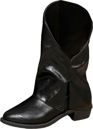 Generic Womens Mid Calf Boots Fashion Pointed Toe Slip On Chunky Heel Booties Comfortable Casual Winter Boots for Ladies(Black, 6.5)