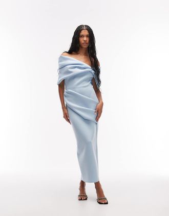 Asos Vestito midi oversize in tessuto scuba blu pallido con scollo alla Bardot