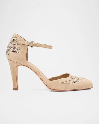 Cinq &agrave; Sept Mariana 80MM Embroidered Suede Pumps