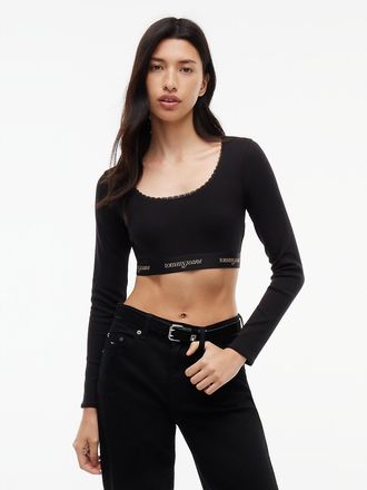 Tommy Hilfiger Womens Tommy Jeans Logo Tape Ribbed Crop Top - Black - L