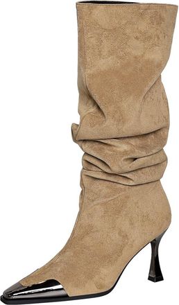 Generic High Boots Women Sexy Pointed Toe Fashion Long Tall Boots 8.5CM Faux Suede Slouch Pleated Work Office Ankle Boot (Khaki,2.5)