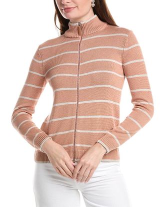 Lafayette 148 New York Petite Stripe Fitted Silk-Blend Bomber Cardigan