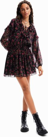 Desigual Womens Vestido Corto Gasa Flores, Black, L