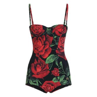 Dolce & Gabbana Badpak met rozenprint en balconette-halslijn - Dames - Badkleding - Zwart - Maat: XL Zijde